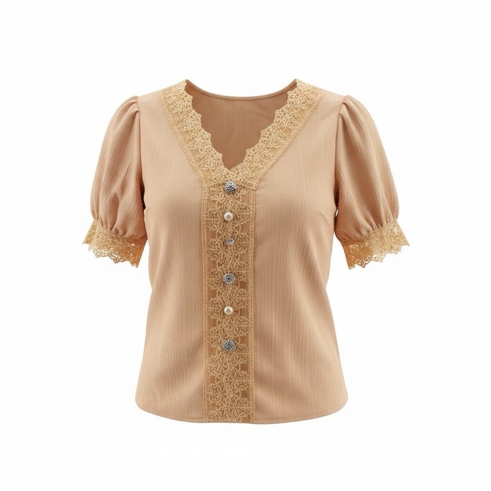 Womens XXL Boho Peasant Blouse Lace Trim Puff Sleeve Peach Top
